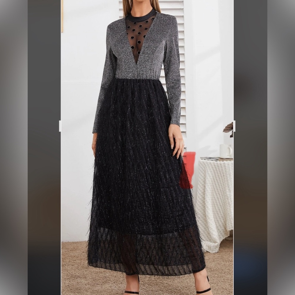 🤑BLACK Detailed contrast, long sleeve mesh fringe dress #prom#wedding#classic